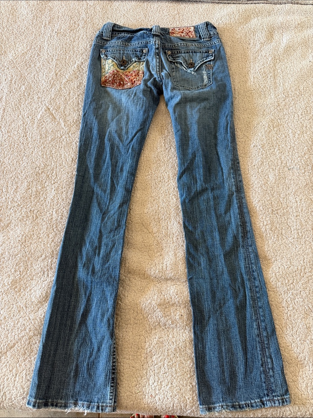 Miss Me Y2K Low Rise Blue Flare Jeans with Corduroy Embellished Back Pockets 27